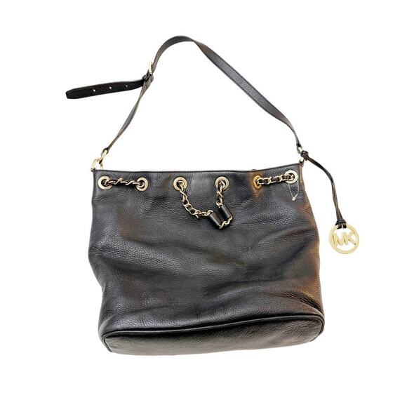 Michael Kors Black Leather Classic Hobo Gold Chainlink Accents Bag - Picture 1 of 6